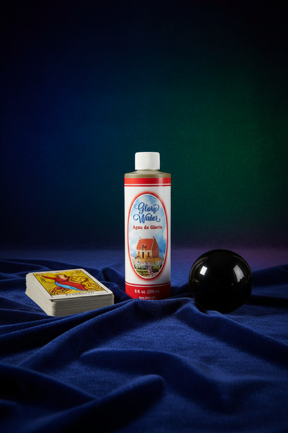 8 oz Glory Water bottle on deep jewel-toned velvet beside a tarot deck and obsidian sphere
