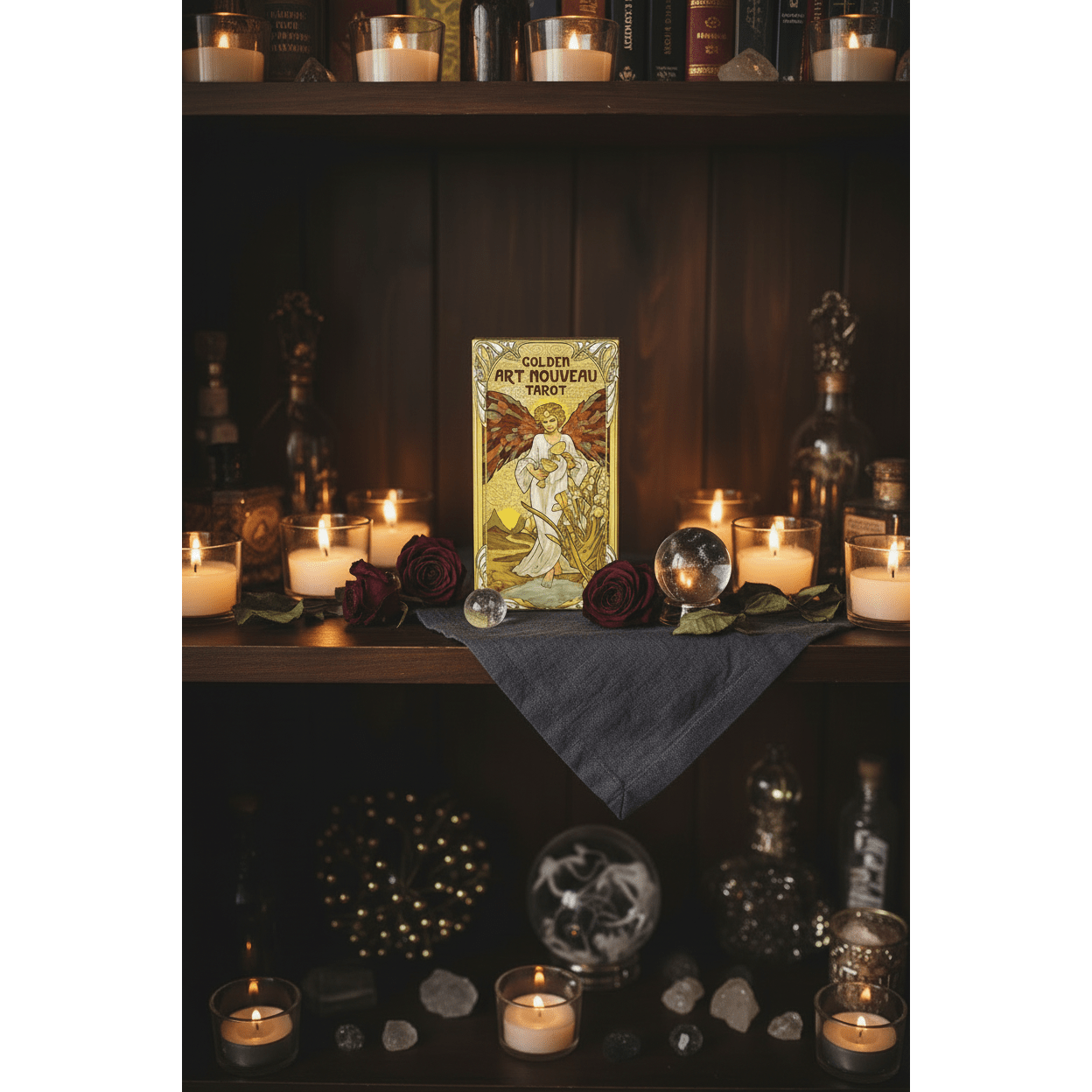 Golden Art Nouveau Tarot box on a dark wood shelf reading nook with tea lights, a small crystal ball, dried roses, and dark linen cloth, gold foil glowing warmly
