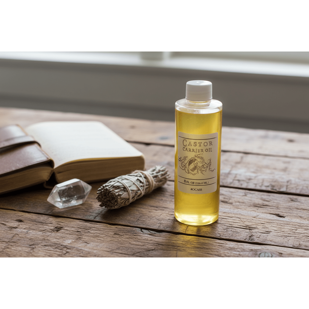 Castor Carrier Oil 8oz bottle on rustic wooden table with open journal, quartz crystal point, and sage bundle in natural daylight
