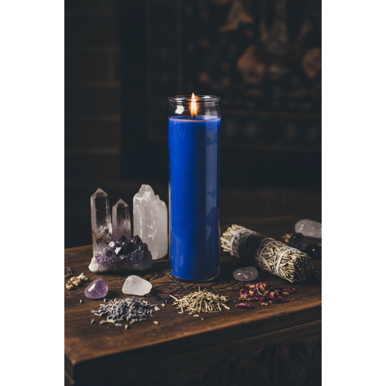 Blue 7-day jar candle glowing on a dark wooden altar with crystals and dried herbs