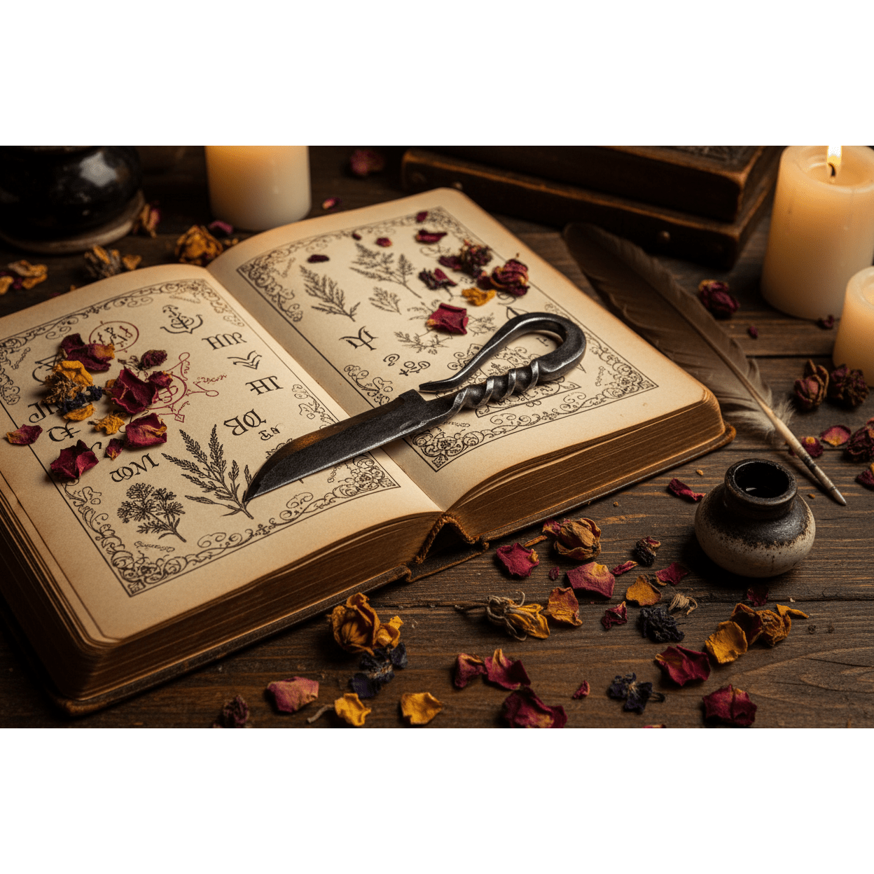Medieval Boline resting on an open grimoire with dried petals, quill, and inkwell on a dark altar