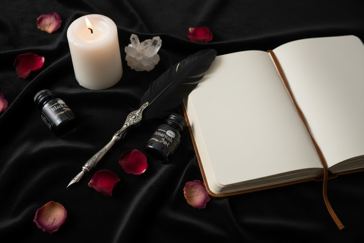 Steampunk calligraphy pen and sealed ink bottles beside a blank open journal on a dark moody surface