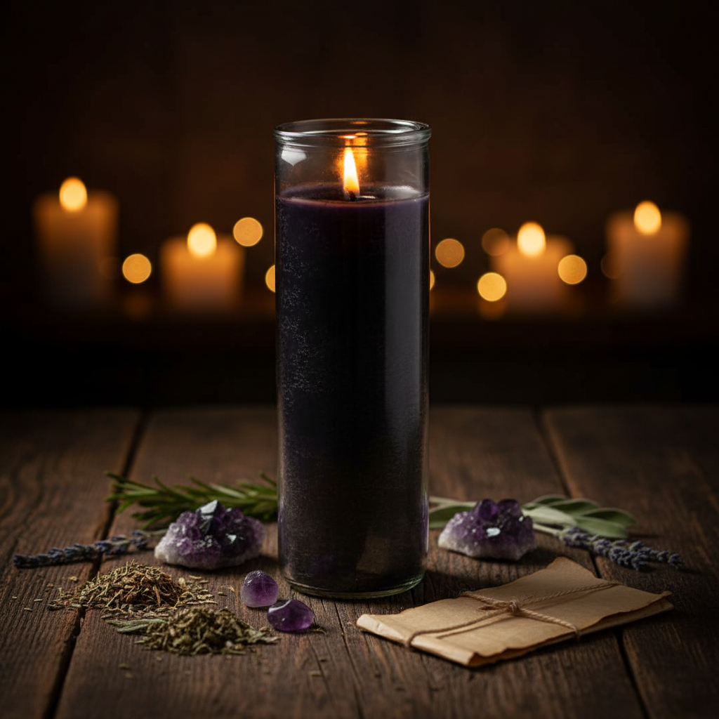 Slim black 7-day jar candle on dark wooden altar table with dried herbs, amethyst crystal cluster, and parchment paper