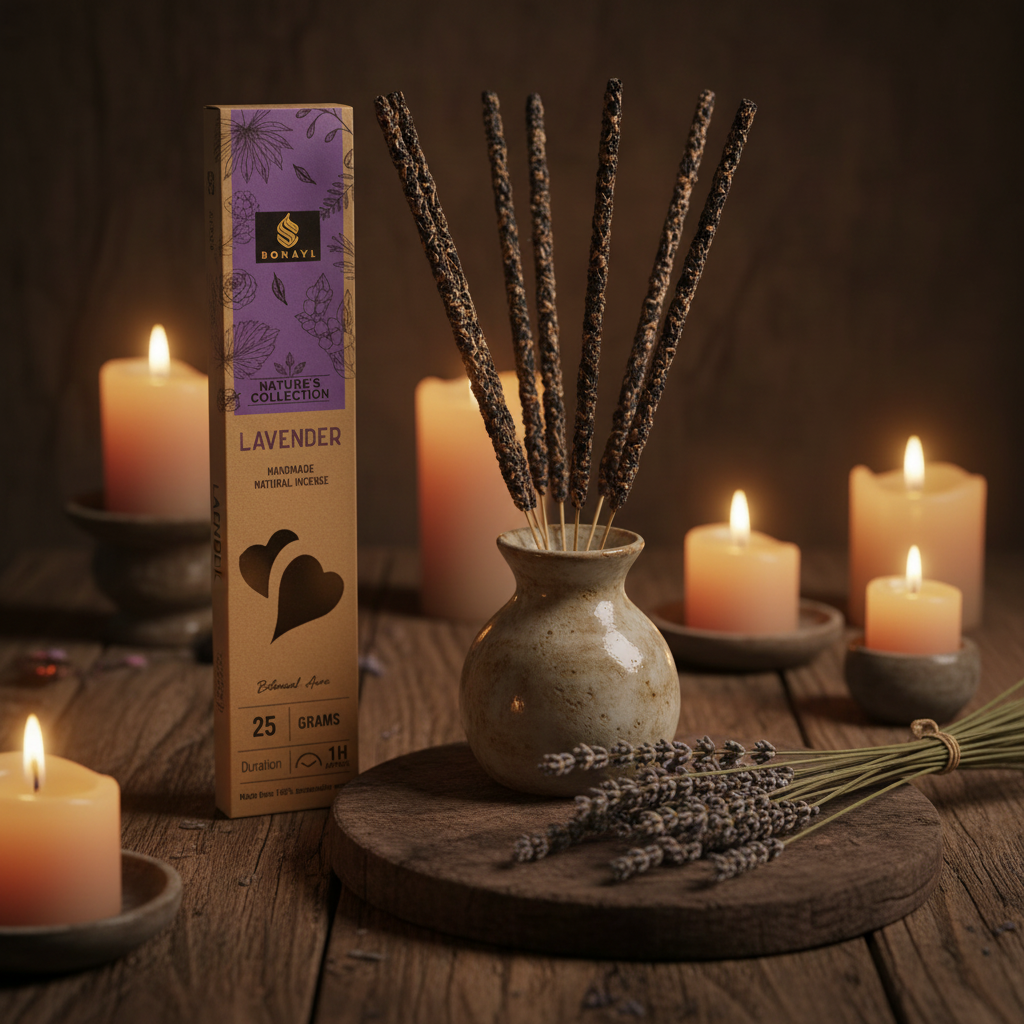 Lavender incense sticks resting unlit in a ceramic holder on a wooden altar with dried lavender sprigs