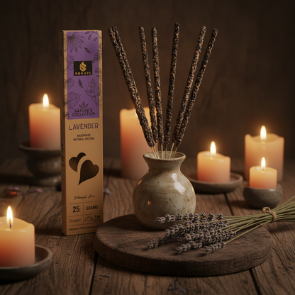 Lavender incense sticks resting unlit in a ceramic holder on a wooden altar with dried lavender sprigs