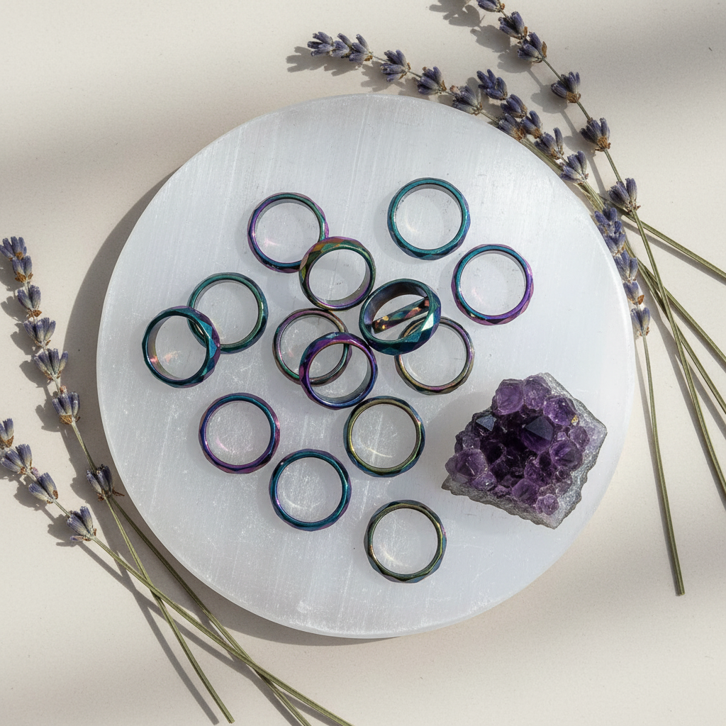 Rainbow magnetic hematite faceted rings spread on a selenite charging plate with dried lavender and amethyst cluster