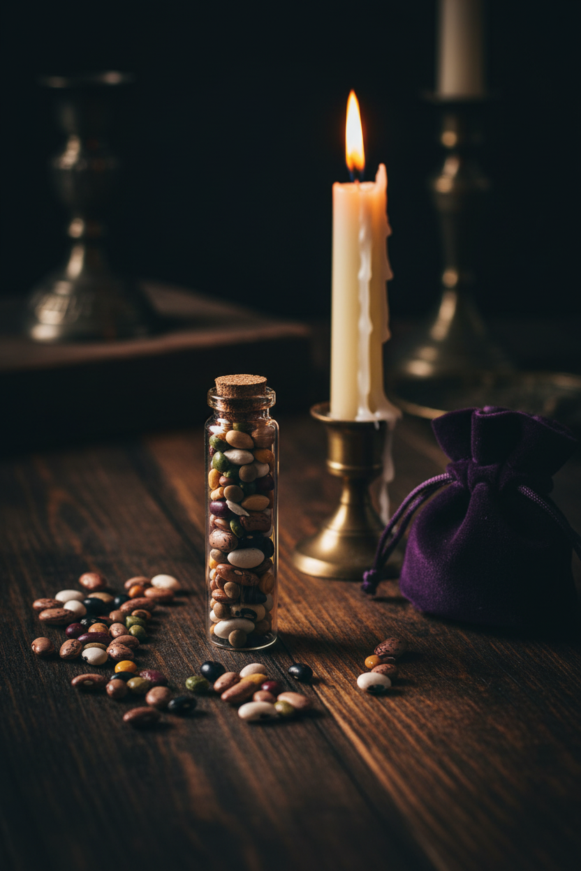 Traditional Mojo Wishing Beans glass tube on dark wood altar with taper candle and purple mojo bag