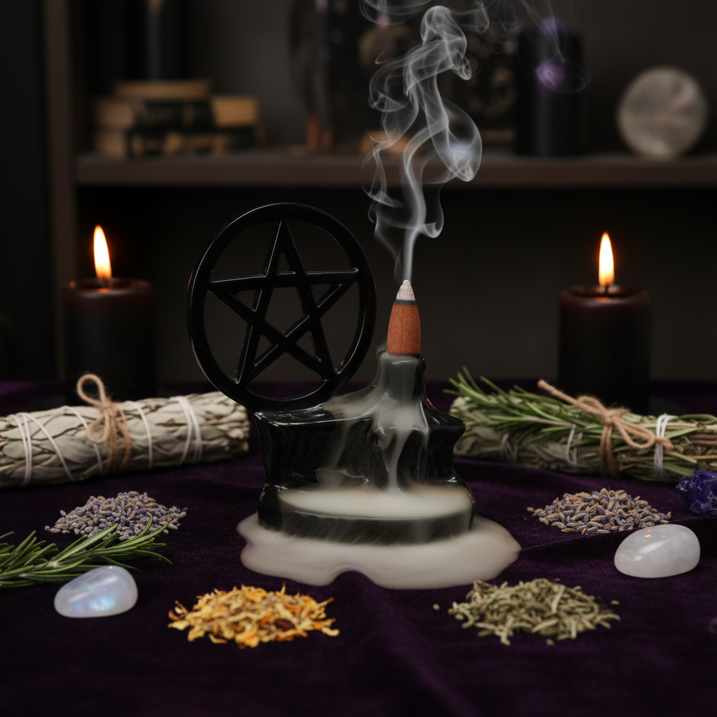 Pentagram backflow incense burner on dark velvet with sage bundles, herbs, and moonstone crystals in candlelight