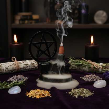 Pentagram backflow incense burner on dark velvet with sage bundles, herbs, and moonstone crystals in candlelight