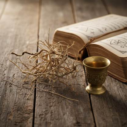 Dried Devil's Shoestring herb stems on rustic wood beside an open leather spell book and antique brass mortar