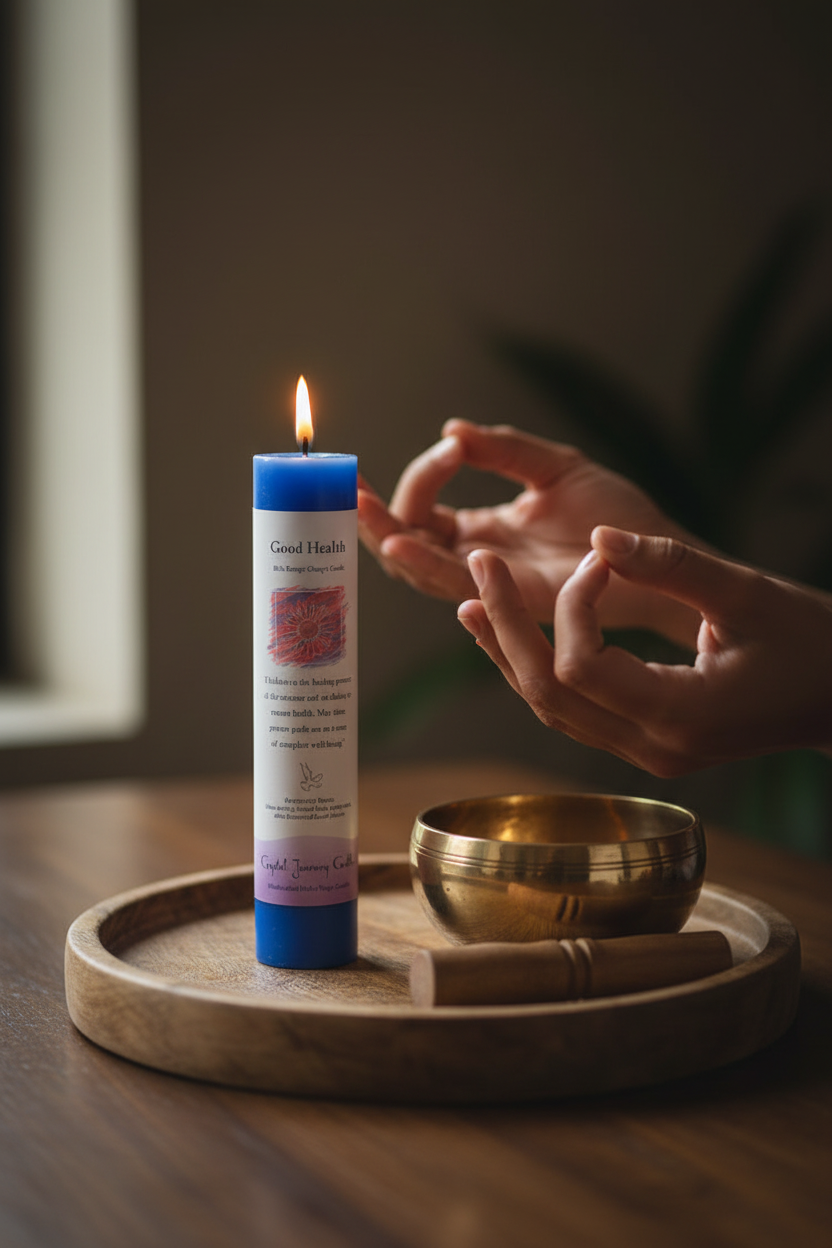 Good Health Reiki Charged Pillar Candle lit on a wooden meditation tray with singing bowl and hands in meditation