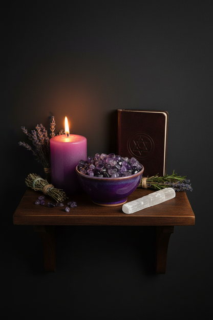 Styled altar shelf with amethyst chips in a ceramic bowl