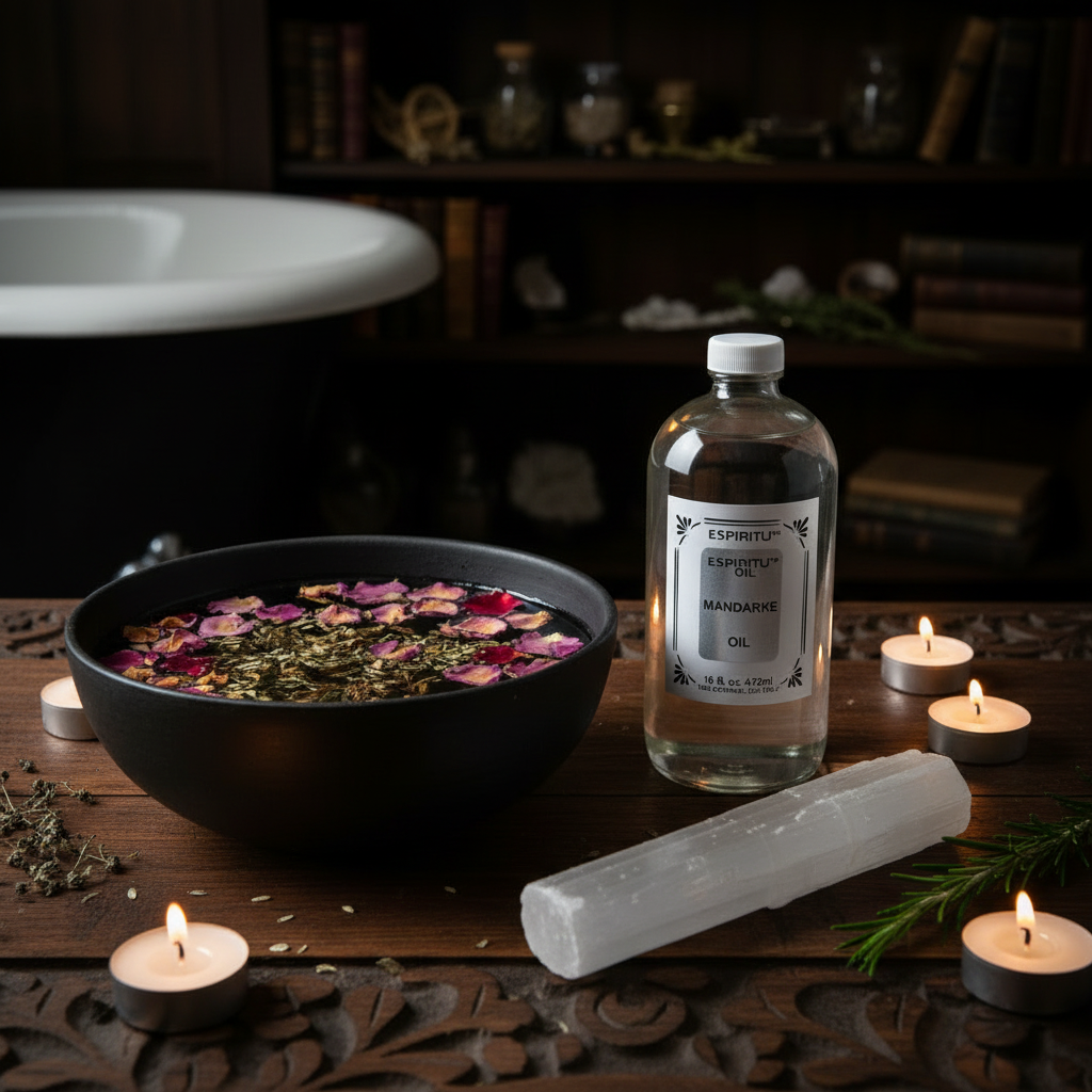 Mandrake Oil bottle beside dark ceramic bowl with floating rose petals, selenite wand, and flickering candles