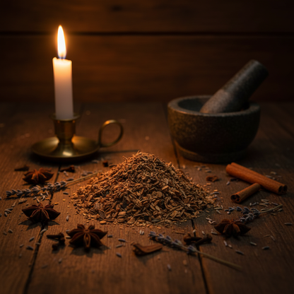 Sarsaparilla Root Cut 2oz on a dark wooden altar with a lit taper candle, mortar and pestle, and scattered dried botanicals in warm candlelight