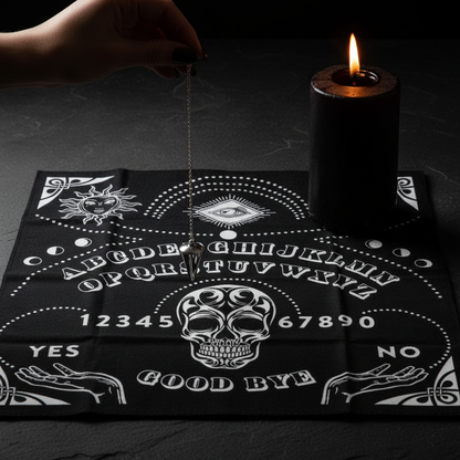 Close-up of Ouija Board Mat with a silver pendulum held by a hand mid-swing and a black pillar candle