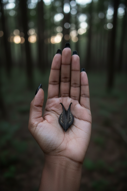 Bat Heart Root held in an open palm against a moonlit forest background