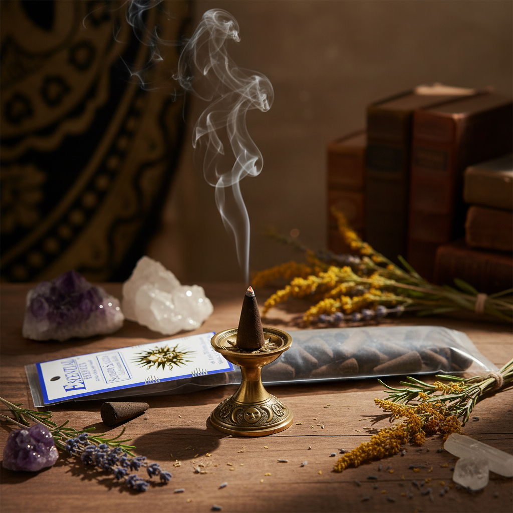 Summer Solstice incense cone correctly burning tip-up on a burner with glowing ember and smoke on a wooden altar with crystals and golden sunlight