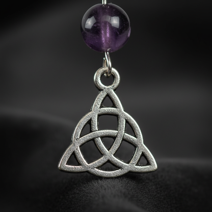 Amethyst Triquetra Earrings close-up detail of pewter knot and amethyst bead