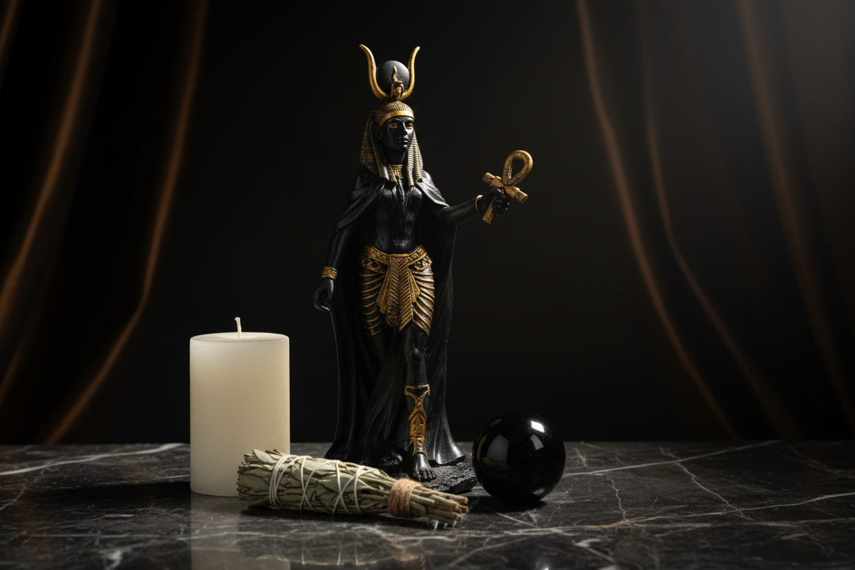 Hathor Statue 11" on dark marble altar with pillar candle, obsidian sphere, and sage bundle