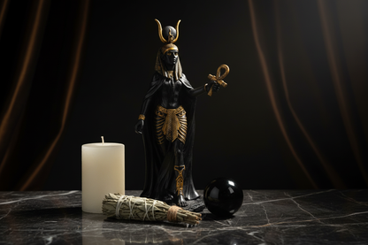 Hathor Statue 11" on dark marble altar with pillar candle, obsidian sphere, and sage bundle