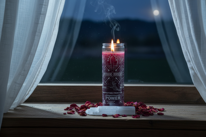 Uncrossing 7-day purple jar candle on a moonlit windowsill with sheer curtains, selenite wand, and dried rose petals