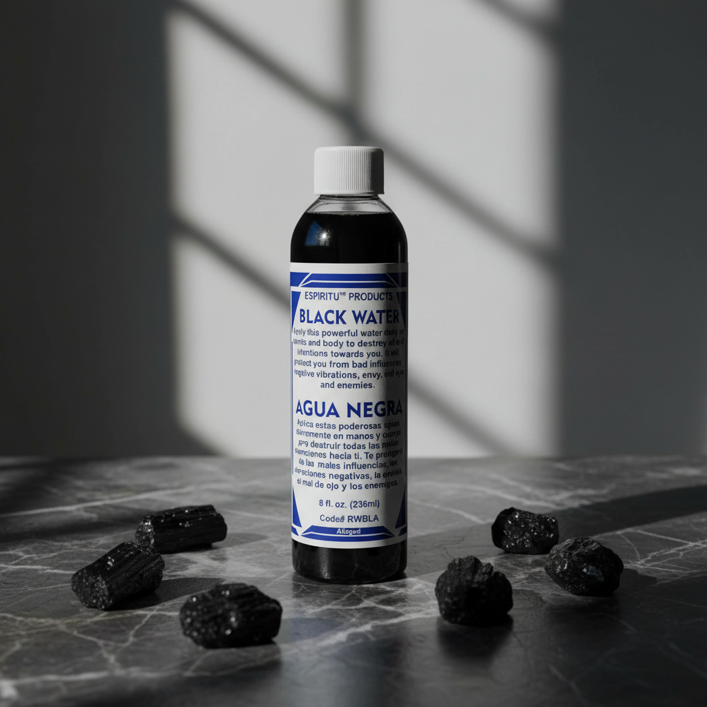 Black Water 8 oz bottle on dark marble surface with black tourmaline crystals in moonlight
