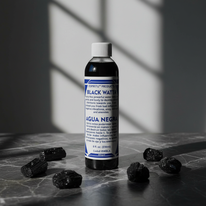 Black Water 8 oz bottle on dark marble surface with black tourmaline crystals in moonlight