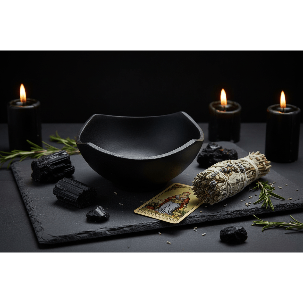 Cast Iron Cauldron Smudge Pot on dark stone with black tourmaline and tarot card