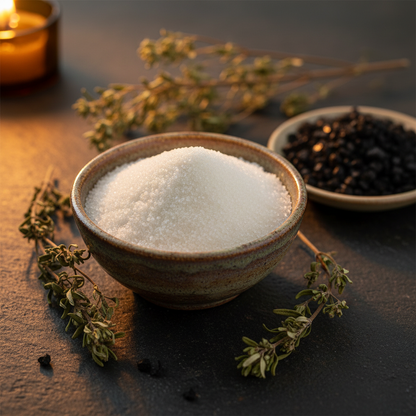 Ceramic bowl of fine saltpeter granules surrounded by dried hyssop sprigs and coarse black salt on dark stone with warm golden candlelight