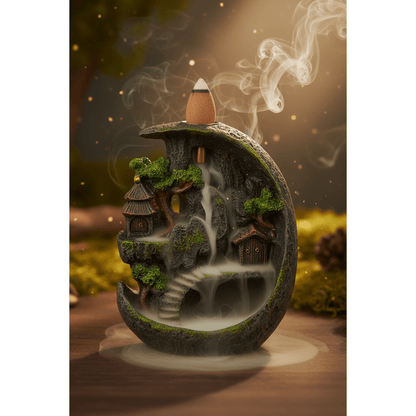 Fairy Scape Backflow Incense Burner with smoke cascading through mushrooms, fairy doors, and mossy stones in a magical forest scene