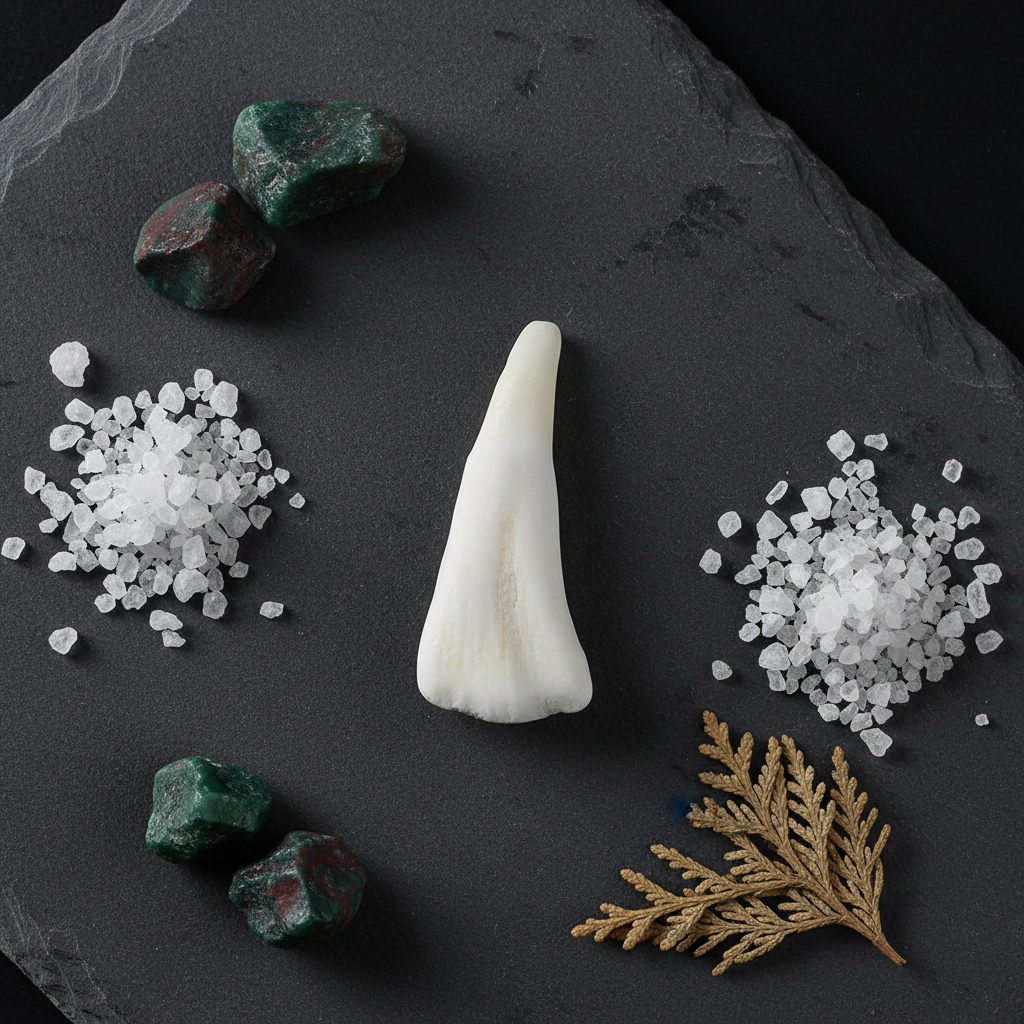 Water buffalo tooth flat lay on slate with bloodstone crystals and sea salt