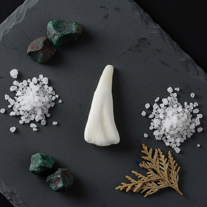 Water buffalo tooth flat lay on slate with bloodstone crystals and sea salt