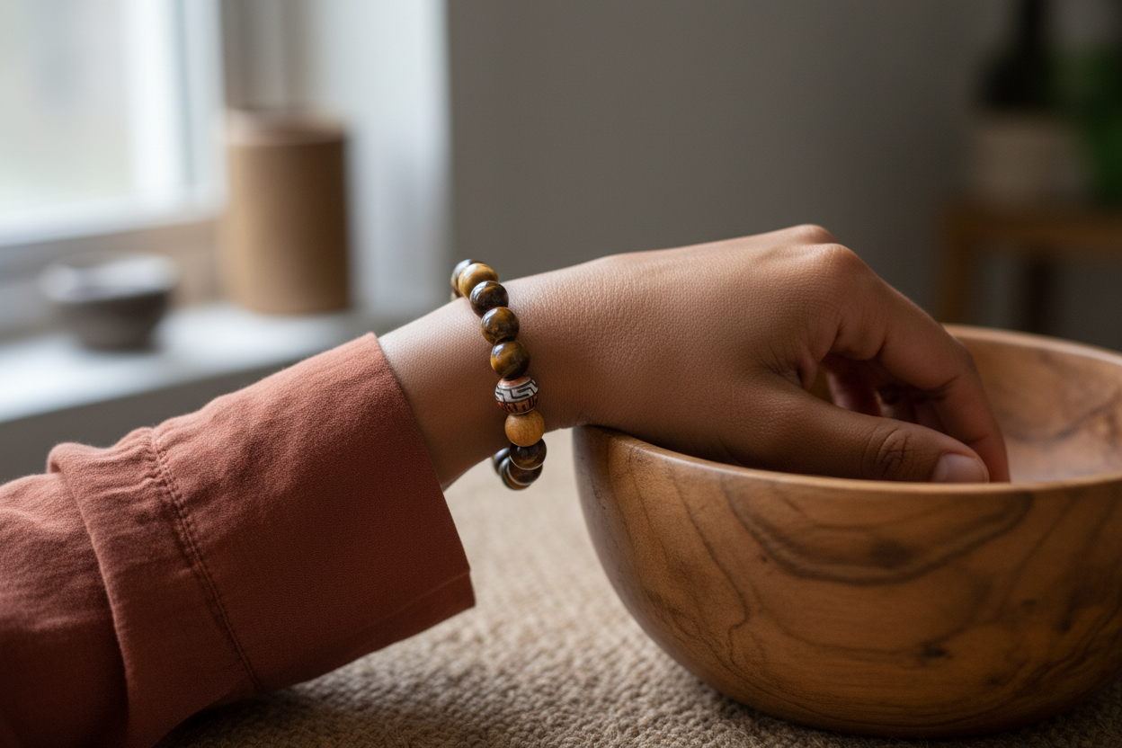 Palo Santo Tiger Eye Bracelet worn on wrist of a mixed-race woman of color, hand resting on a wooden meditation bowl