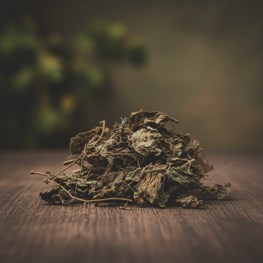 Dried patchouli leaves side angle lifestyle shot with soft bokeh background