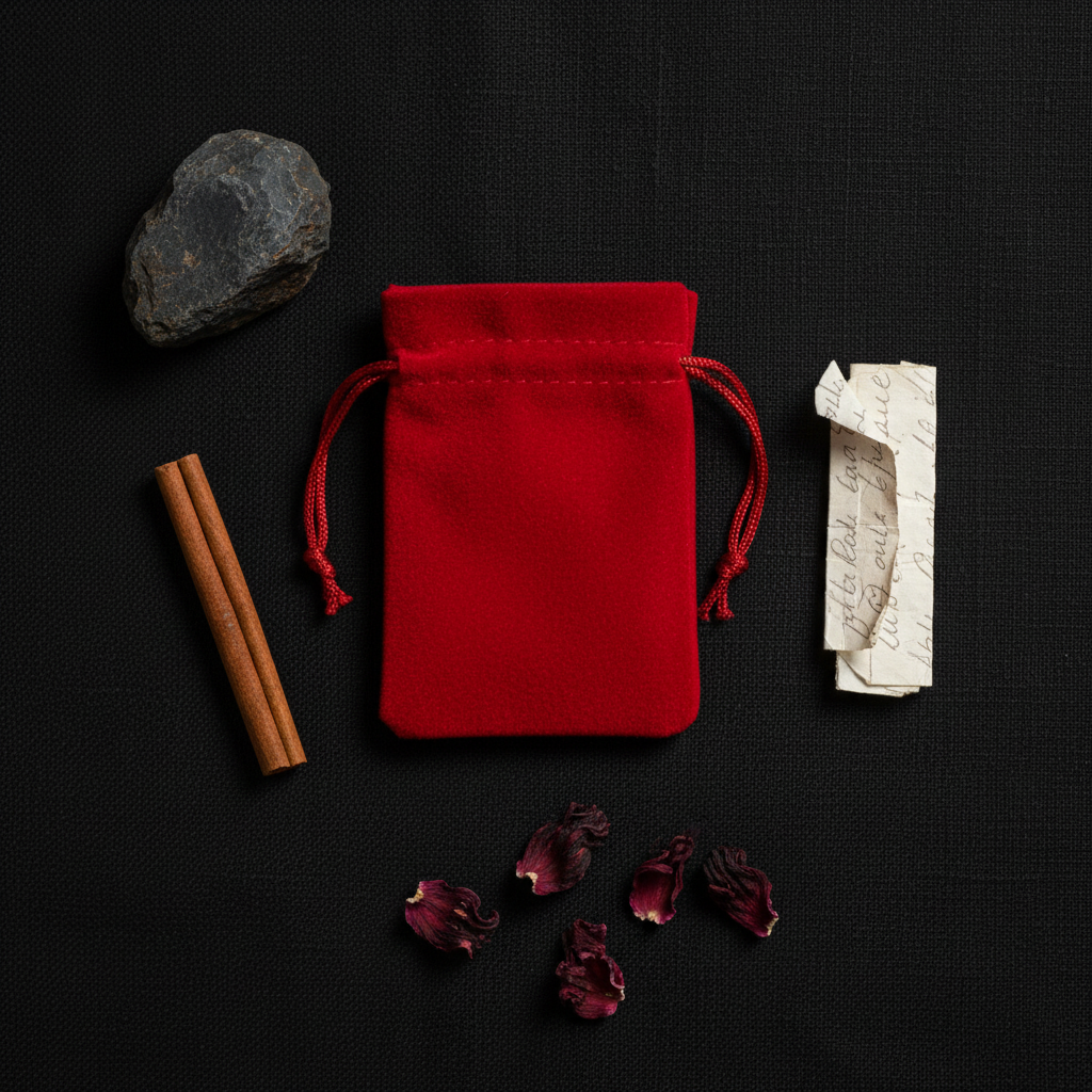 Overhead flat lay of a small red velveteen mojo bag on black linen with lodestone, cinnamon stick, folded petition, and dried hibiscus petals