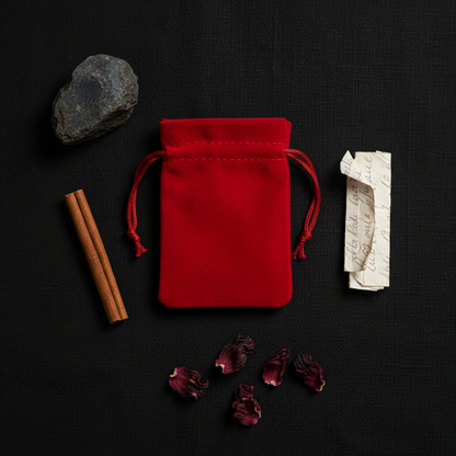 Overhead flat lay of a small red velveteen mojo bag on black linen with lodestone, cinnamon stick, folded petition, and dried hibiscus petals