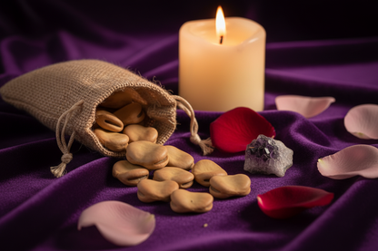 Dried fava beans in an open burlap drawstring pouch on dark velvet with rose petals, amethyst, and a pillar candle