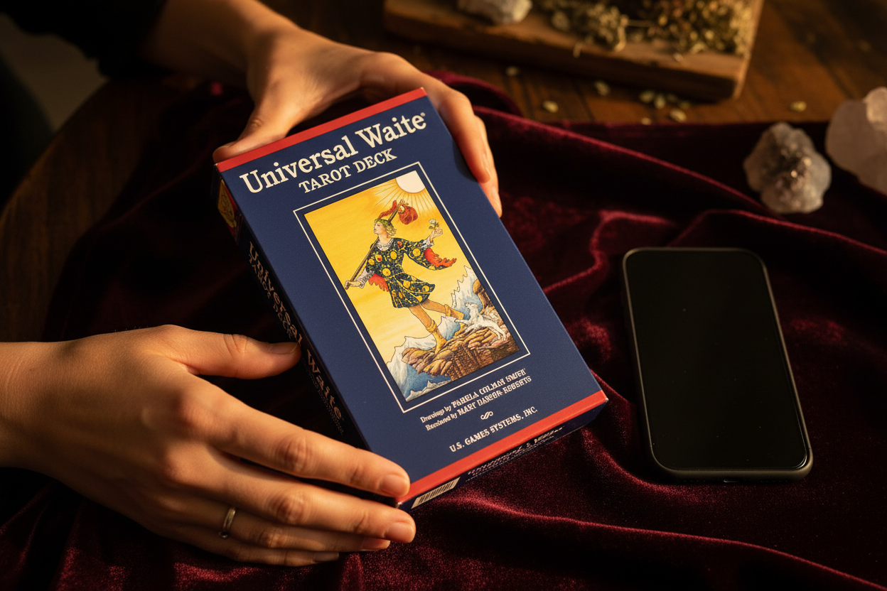 Universal Waite Tarot Deck held in hands over dark velvet cloth