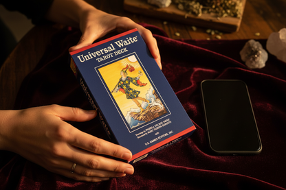 Universal Waite Tarot Deck held in hands over dark velvet cloth