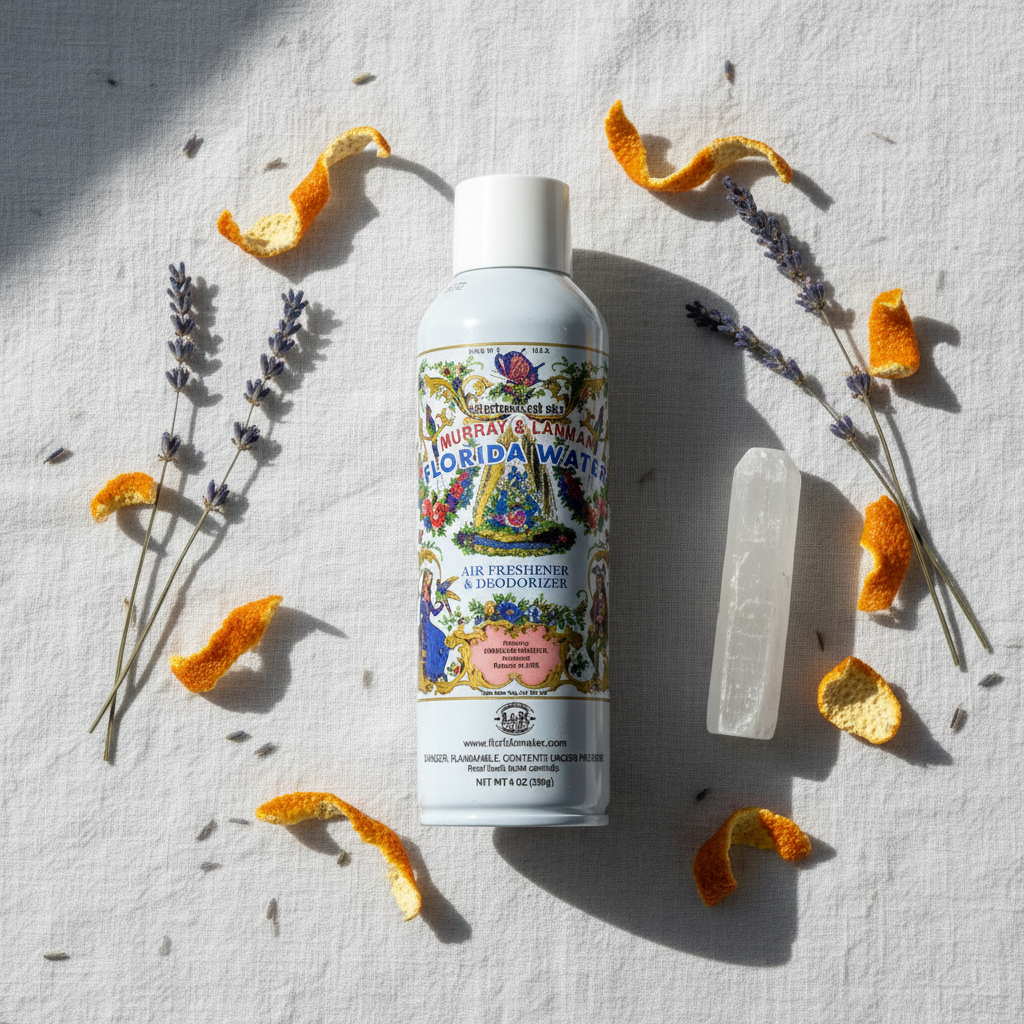 Florida Water Spray 8oz flat lay on white linen with selenite wand, dried lavender, and citrus peel