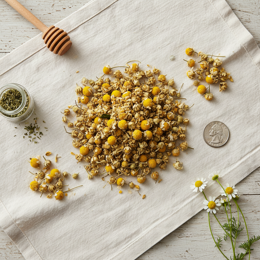 Overhead flat lay of 1 lb dried Egyptian chamomile flowers on linen with honey dipper, herb jar, and quarter for scale