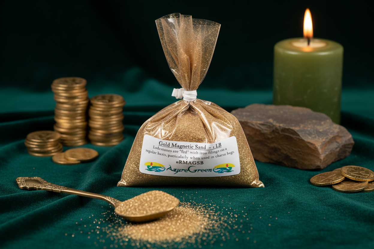 Gold Magnetic Sand 1 lb bag hero shot with green velvet altar background and brass spoon spilling gold sand in foreground