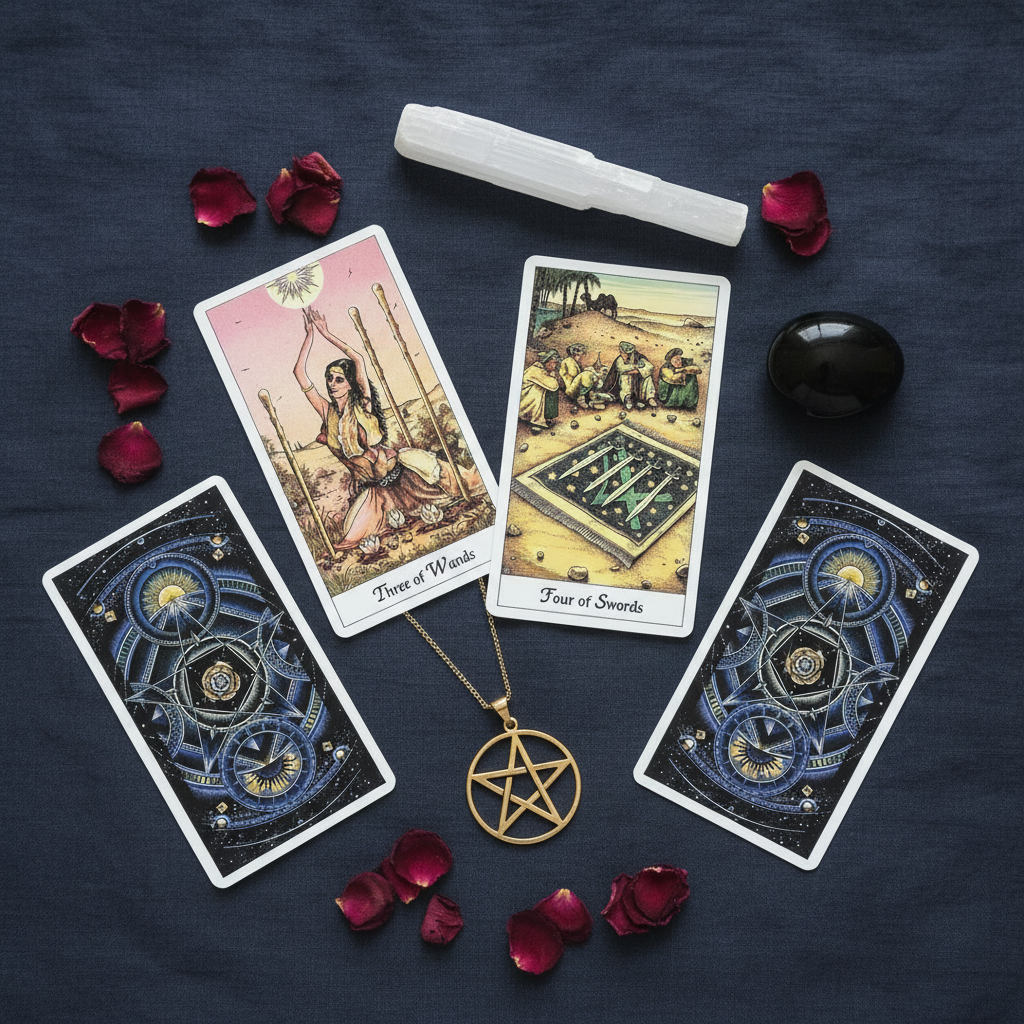Flat lay of Cosmic Tarot cards with Three of Wands, Four of Swords, selenite wand, and ritual objects on navy linen