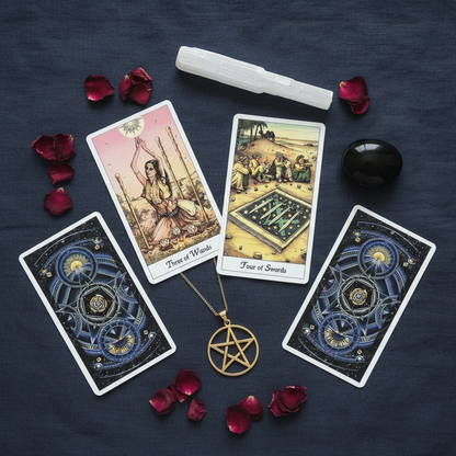 Flat lay of Cosmic Tarot cards with Three of Wands, Four of Swords, selenite wand, and ritual objects on navy linen
