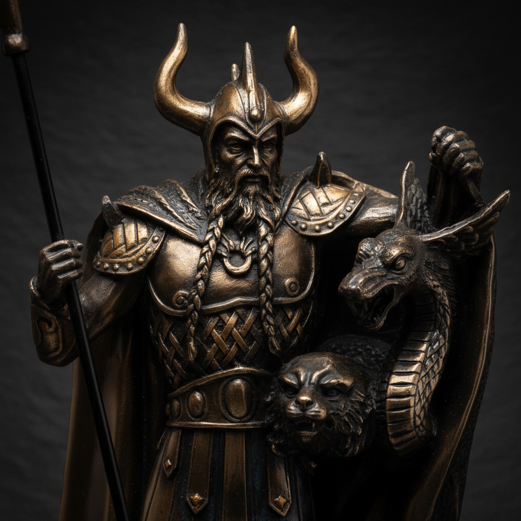 Close-up detail of Loki 10 inch statue showing horned helm and flowing cloak