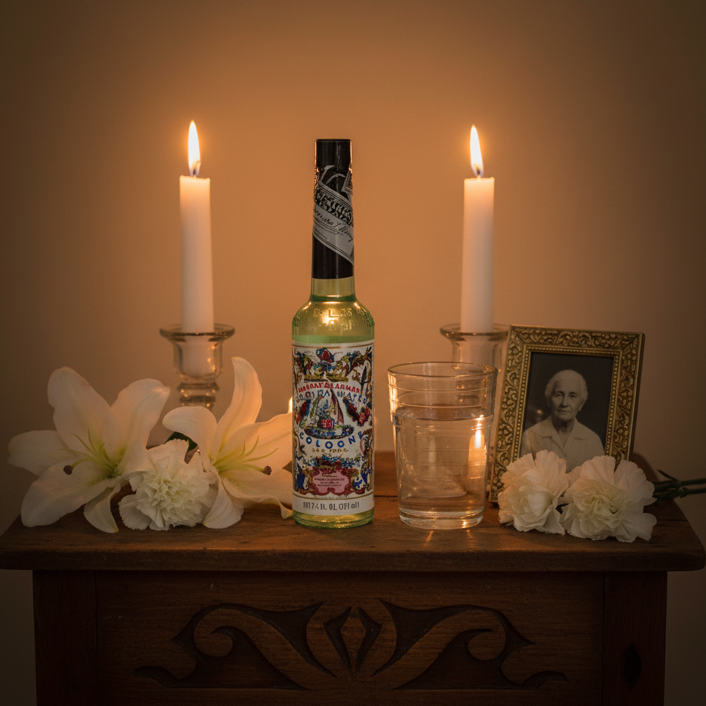 Florida Water Cologne 7.5 oz on a boveda ancestor altar with white candles and fresh flowers