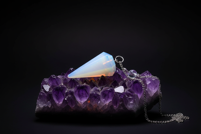 6-sided opalite pendulum resting on raw amethyst cluster with purple lighting