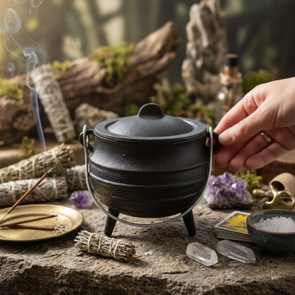 5-inch cast iron cauldron with lid held in hand outdoors on stone surface surrounded by herbs and crystals at golden hour