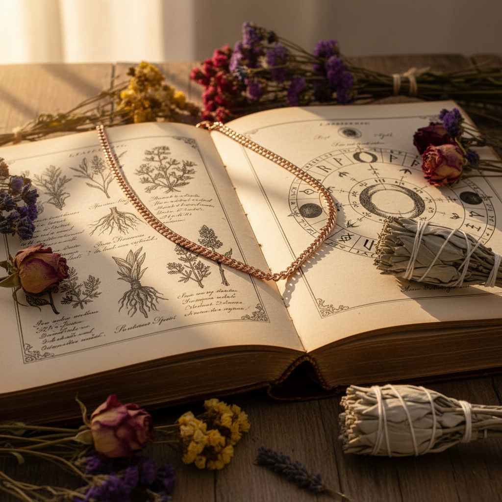 Copper heavy chain necklace draped over an open botanical book surrounded by dried flowers and sage with warm golden light