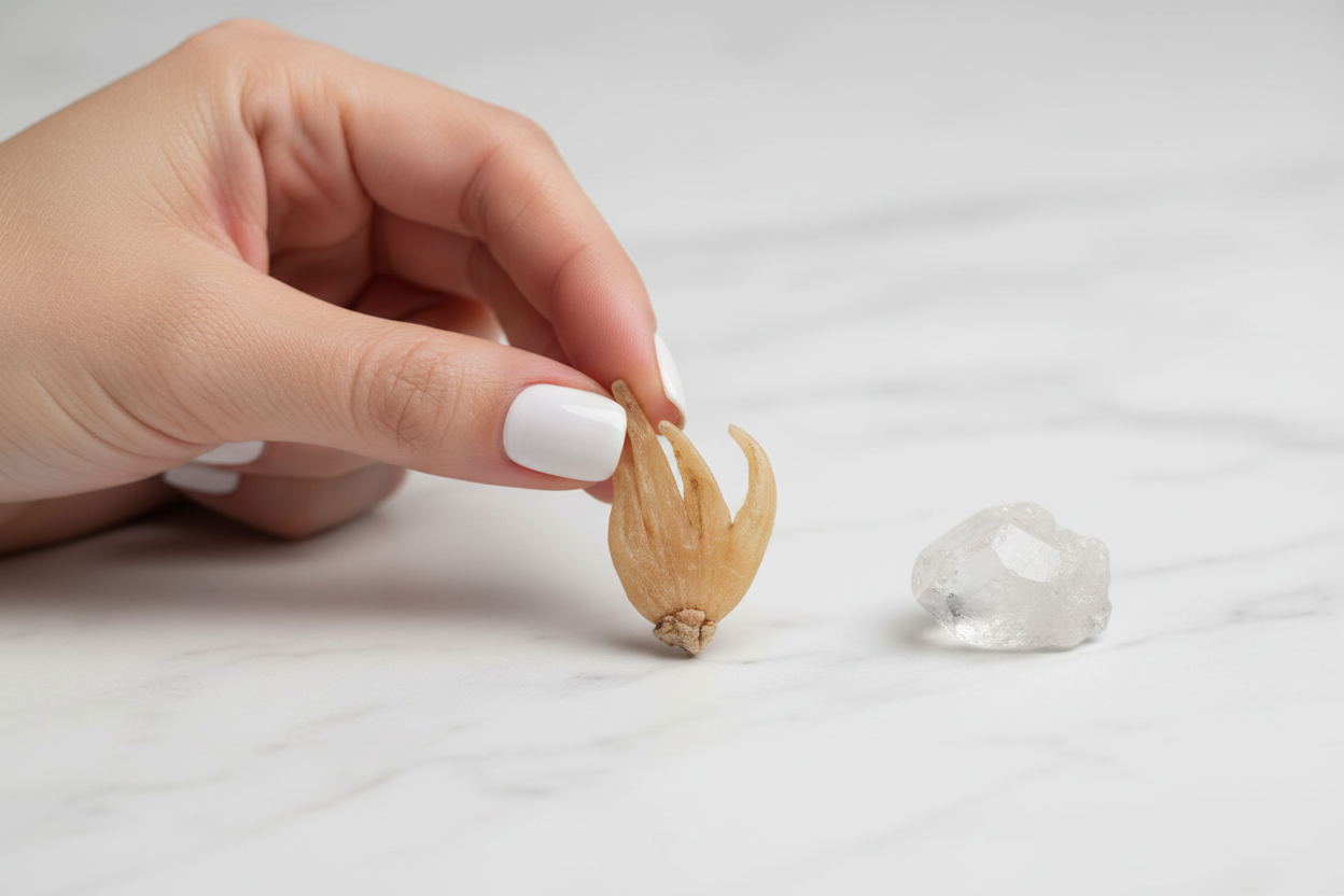 Lucky Hand Root held between fingers over white marble with a clear quartz crystal